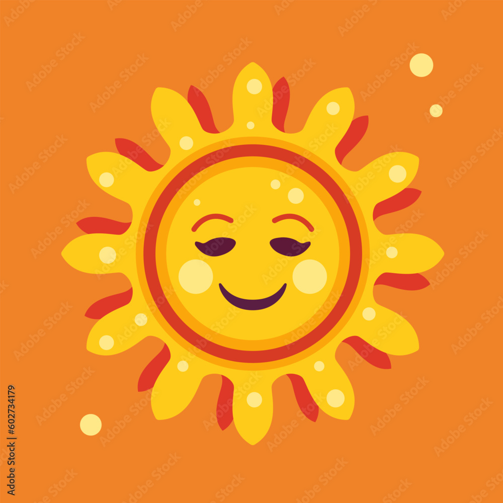 Smiling sun. Sun in cartoon style. Vector clipart isolated on orange background.
