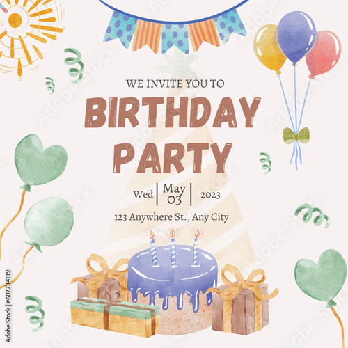 birthday party card design, birthday party invitation. colorful design of balloons, cakes and gifts