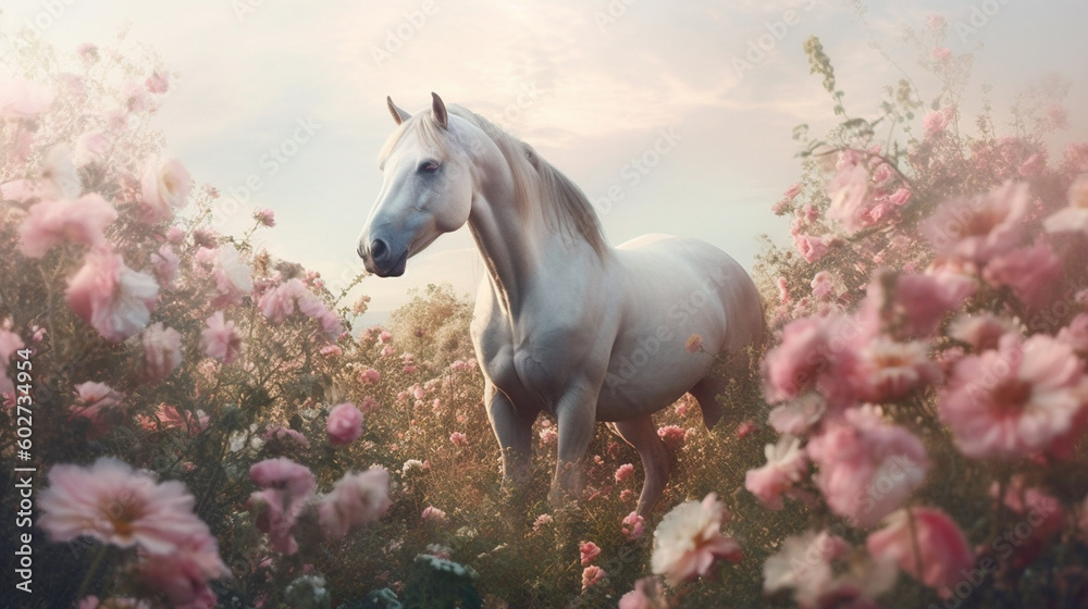 a Beautiful Horse Surrounded by Beautiful Flowers in a Muted Pastel Aesthetic with Surrealism Elements - Dreamy Background - Generative AI