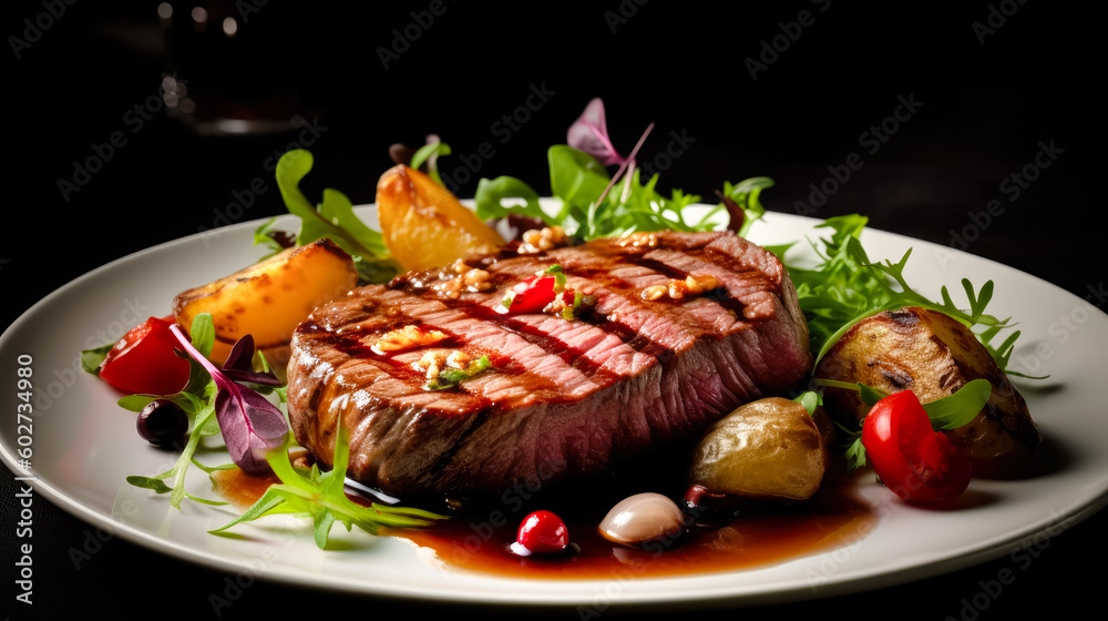 closeup of served delicious medium rare stake with spices. Good food closeup of served delicious medium rare stake with spices. Good food