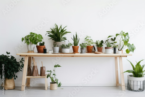 Green houseplants in pots and watering can on wooden table near white wall © Roman