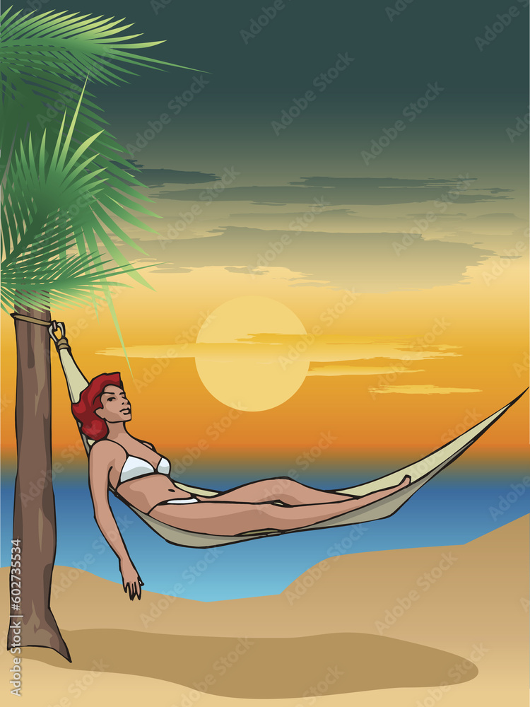 one young woman relaxing on the hammock with beautiful sunset
