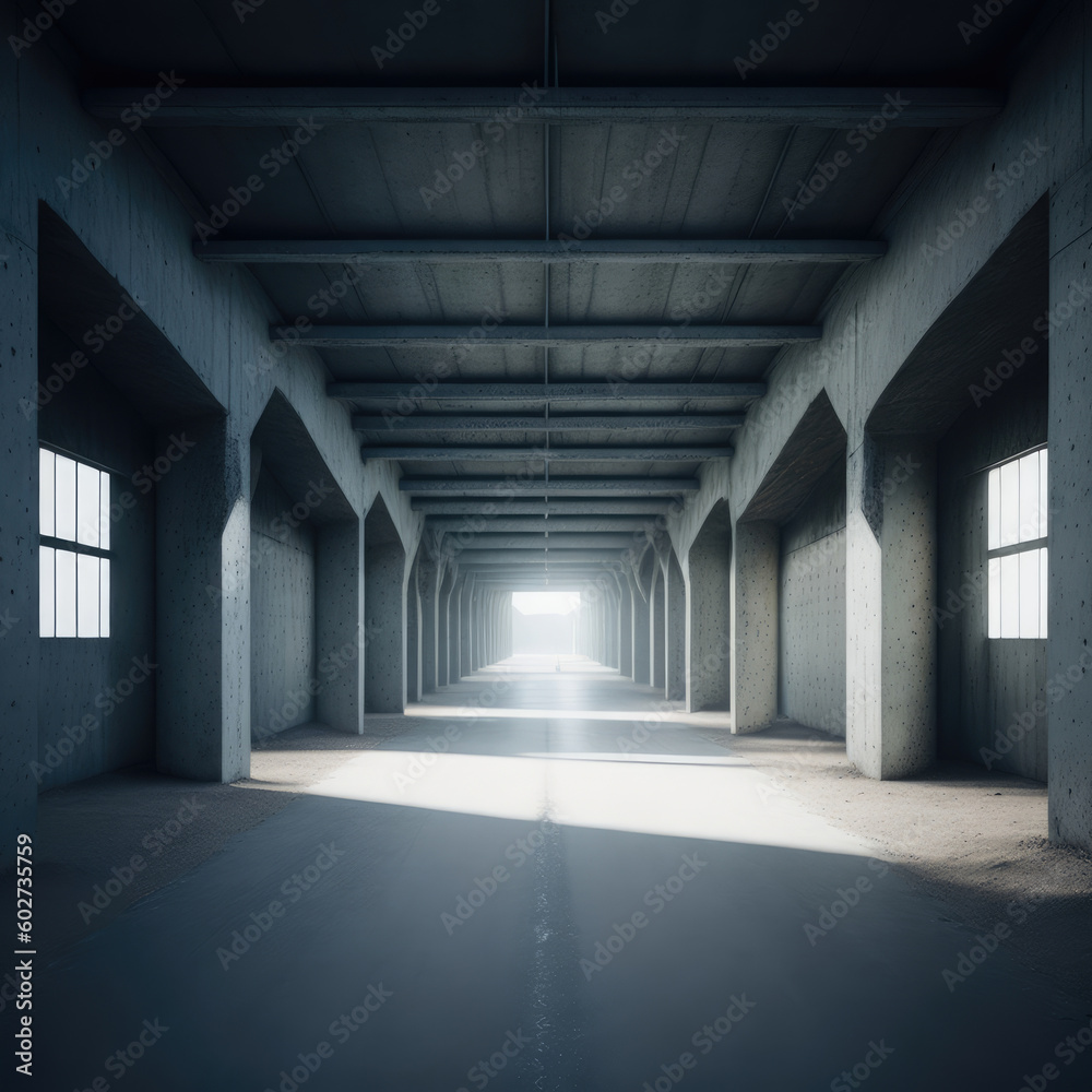 Realistic Big Abandoned Concrete Factory Hallway Garage Tunnel  Windows Natural Sun Shining  Clear Asphalt Concrete Floor AI Generative Illustration