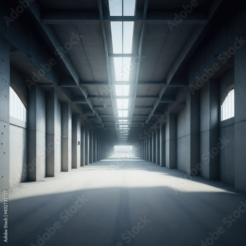 Realistic Big Abandoned Concrete Factory Hallway Garage Tunnel Windows Natural Sun Shining Clear Asphalt Concrete Floor AI Generative Illustration