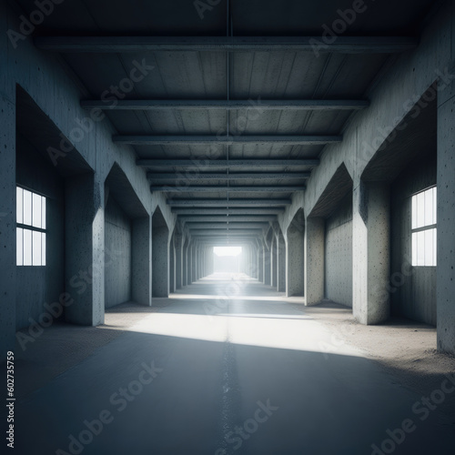 Realistic Big Abandoned Concrete Factory Hallway Garage Tunnel Windows Natural Sun Shining Clear Asphalt Concrete Floor AI Generative Illustration