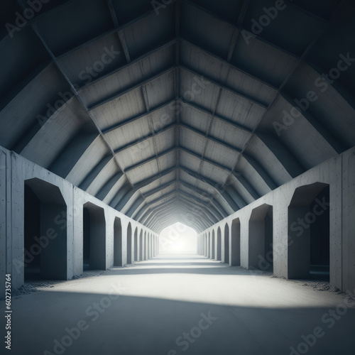 Realistic Big Abandoned Concrete Factory Hallway Garage Tunnel  Windows Natural Sun Shining  Clear Asphalt Concrete Floor AI Generative Illustration