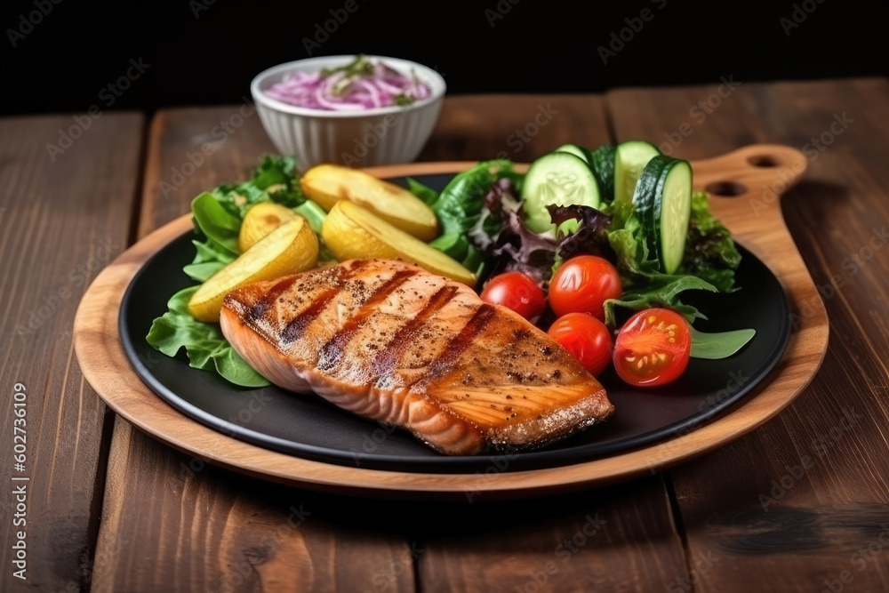 Seared salmon steak with fried potatoes and fresh vegetable salad served on wooden table