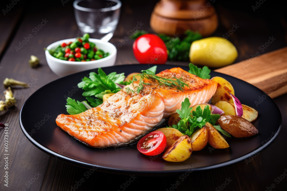 Seared salmon steak with fried potatoes and fresh vegetable salad served on wooden table Seared salmon steak with fried potatoes and fresh vegetable salad served on wooden table