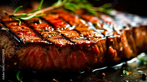 closeup of served delicious medium rare stake with spices. Good food