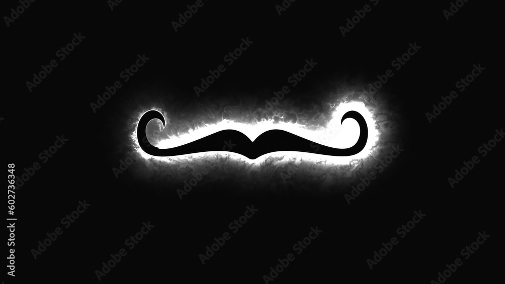 Computer generated background with neon light draws a mustache shape. 3D rendering mustache icon of luminous shiny lines