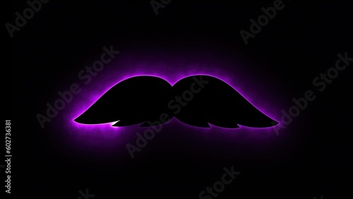 Computer generated background with neon light draws a mustache shape. 3D rendering mustache icon of luminous shiny lines