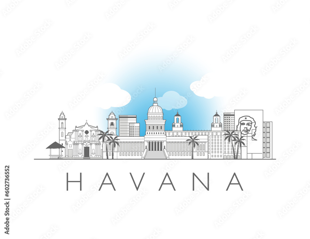 Havana cityscape line art style vector illustration