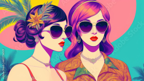 Fashion Pop Art Illustration Depicting Two Women in Sunglasses Against a Tropical Vacation Background. Generative AI"