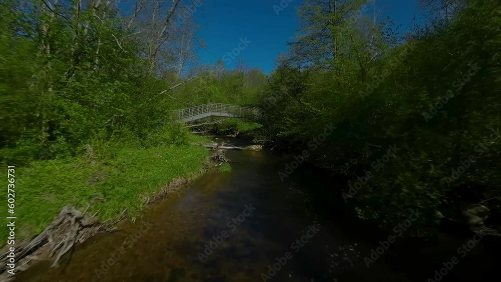 Drone flying over river in summer on late spring forest 