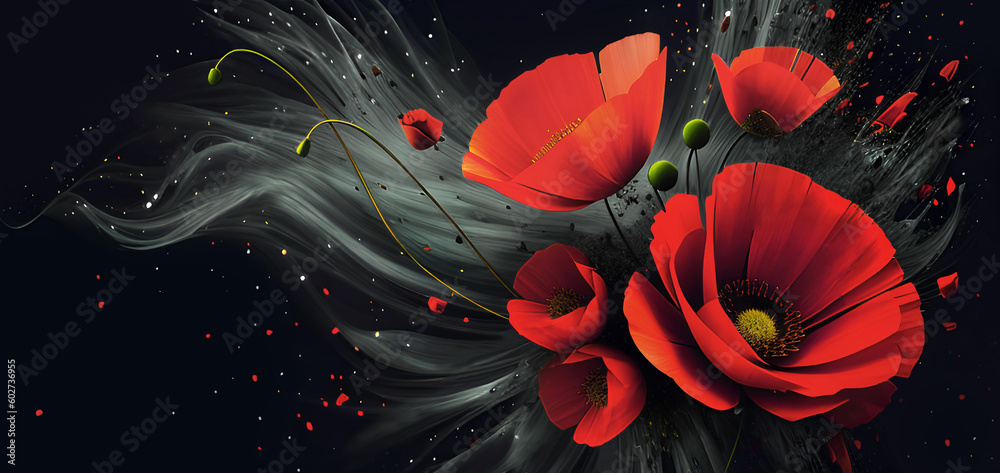 Tapeta kwiaty, abstrakcyjne czerwone maki, tło kwiatowe. Generative AI - obrazy, fototapety, plakaty 