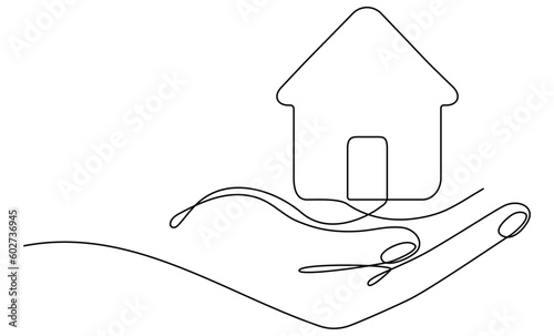 Hand holding house continuous one line drawn. Vector illustration isolated on white.