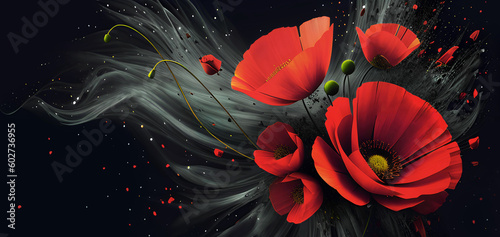 Tapeta kwiaty, abstrakcyjne czerwone maki, tło kwiatowe. Generative AI