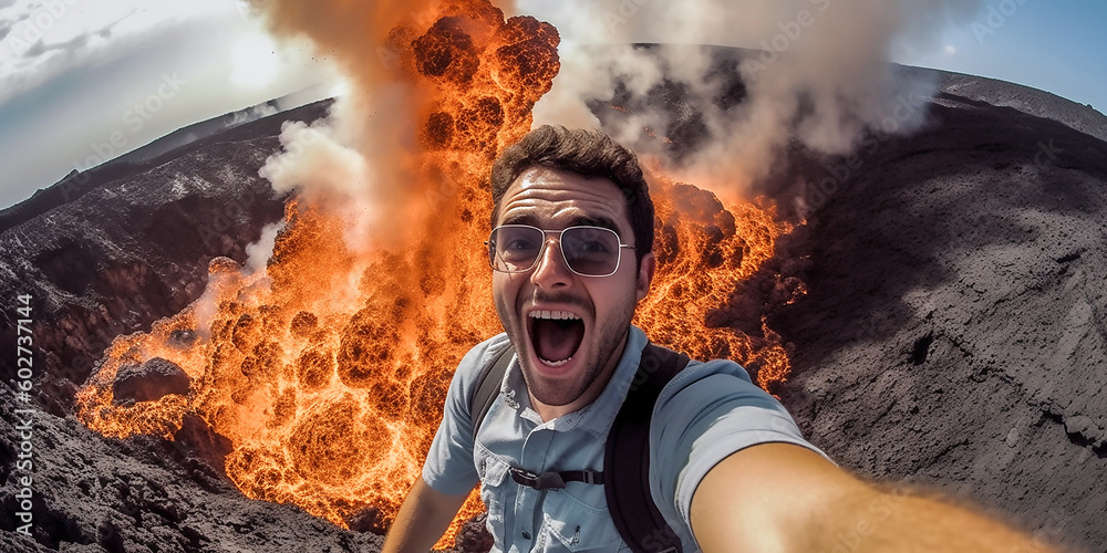 Obraz premium Selfie vor einem Vulkanausbruch KI