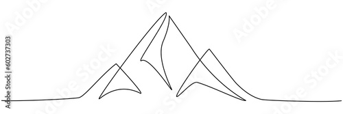 Mountain range continuous one line drawn. Adventure mountains landscape linear concept. Vector illustration isolated on white.