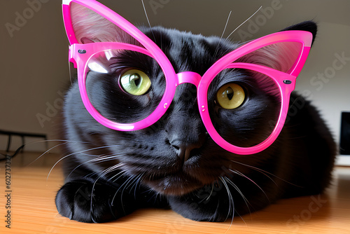 Fototapeta Czarny kot w różowych okularach. Generative AI