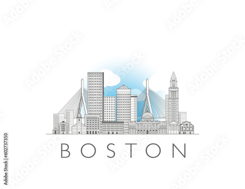 Boston cityscape line art style vector illustration