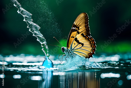 Żółty duży motyl Monarcha na wodzie. Generative AI