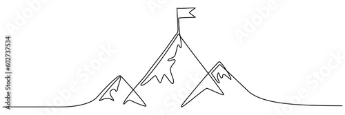 Mountain range continuous one line drawn. Mountain with flag linear concept. Vector illustration isolated on white.