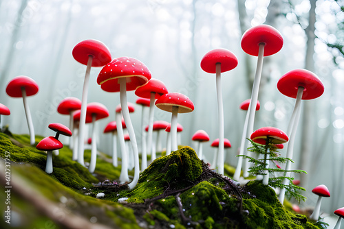 Abstrakcyjne grzyby, czerwone muchomory. Generative AI