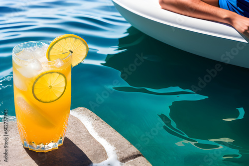 Pomarańczowy drink, woda i relaks. Generative AI © Iwona
