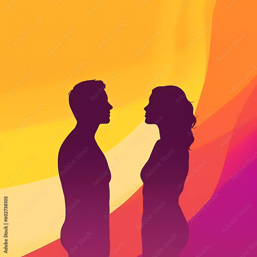 gradient illustration man and woman, romance, communication, minimalism, yellow white purple,