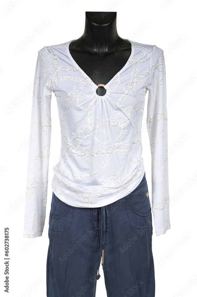 White jacket and jeans on a white background White jacket and jeans on a white background