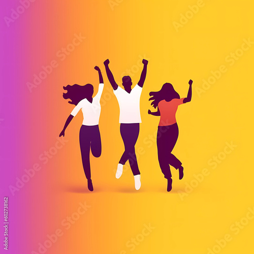 gradient illustration people dancing, man and 2 women, minimalism, yellow white purple,