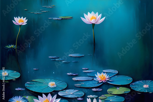Niebieskie tło z kwiatami lotosu. Generative AI