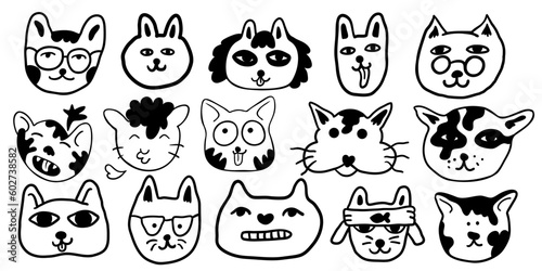 set of linear heads of cats in vector.collection of animals for design stickers wallpapers.images in lines doodles characters plots animals people.isolated printable objects.social media avatars