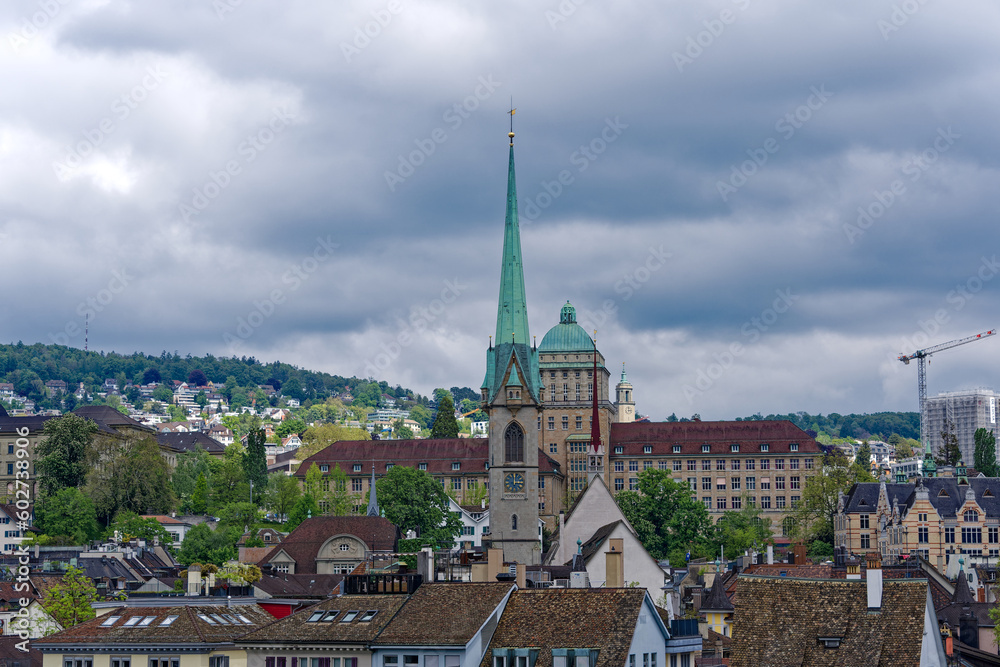 Scenic view of the medieval old town of City of Zürich with Preachers Church and University on a cloudy spring afternoon. Photo taken May 13th, 2023, Zurich, Switzerland.