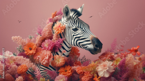 Zebra Surrounded by Beautiful Flowers in a Muted Pastel Aesthetic with Surrealism Elements - Dreamy Background - Generative AI
