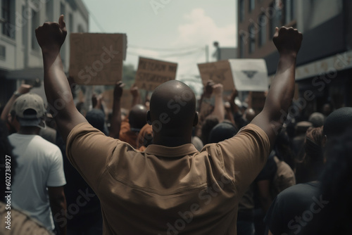 Man in protest with arms up. Generative AI
