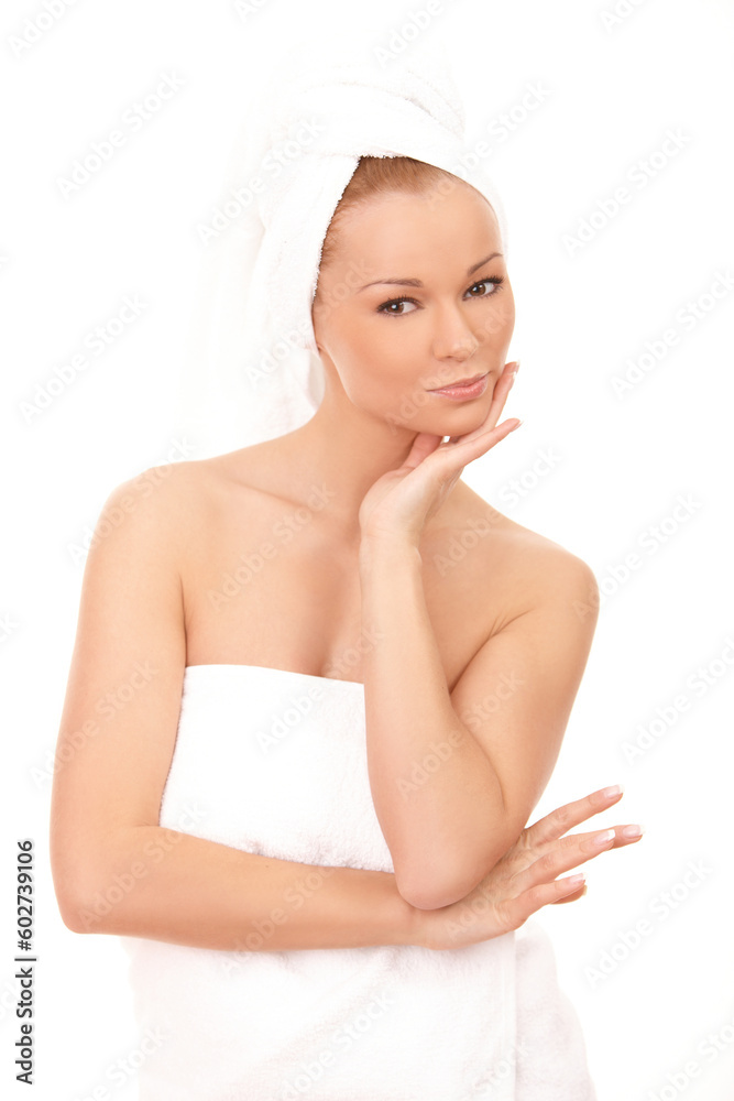 Portrait of Fresh and Beautiful brunette woman wearing white towel on her head Portrait of Fresh and Beautiful brunette woman wearing white towel on her head