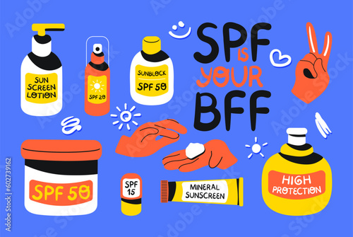 Sun safety collection. Set of sunscreen cosmetic bottles with SPF, hands applying sunblock lotion, smears of cream. Summer skincare and protection concept. Flat vector illustration