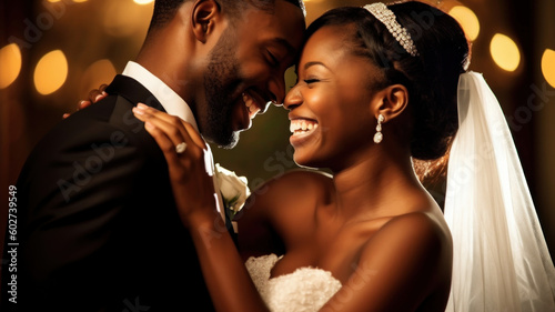 Beautiful african american wedding couple laugh in dance. Generative AI.