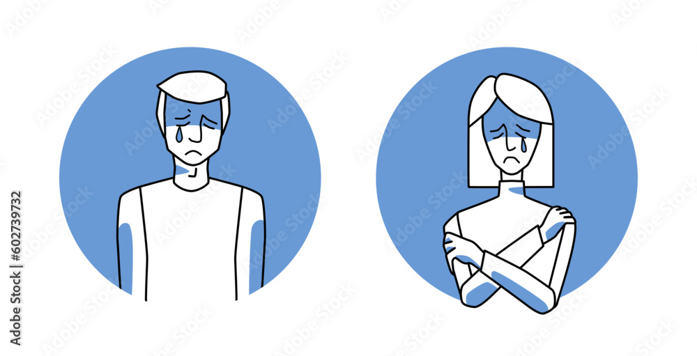 Crying man and woman with emotion of melancholy circle icon, facial expression with gestures. People in sadness, expressing melancholy feelings. Crying man and woman with emotion of melancholy circle icon, facial expression with gestures. People in sadness, expressing melancholy feelings.
