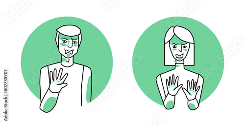 Man and woman with emotion of disgust circle icons, facial expression with hands. Disgusted people expressing their negative revulsion feeling with gestures.