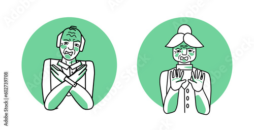 Old man and elder woman with emotion of disgust circle icons, facial expression with hands. Disgusted people expressing their negative revulsion feeling with gestures.