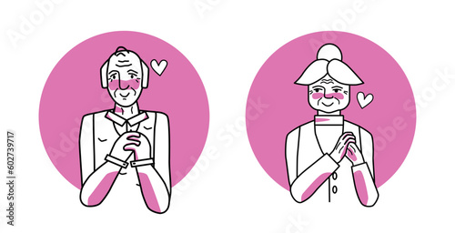 Shy old man and elder woman with emotion of love circle icon, facial expression with gestures. Beloved people, expressing their amorous feelings.