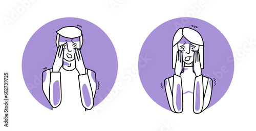 Frightened man and woman circle icon, emotion of fear, facial expression with gestures. Afraid people, expressing their panic feelings.