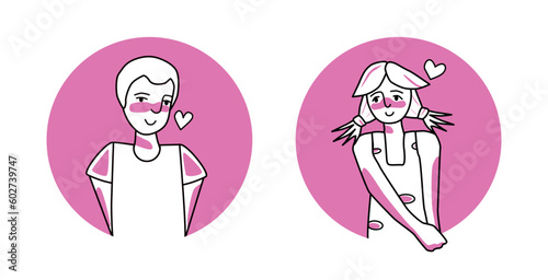 Shy boy and girl with emotion of love circle icon, facial expression with gestures. Beloved teenagers, expressing their amorous feelings.