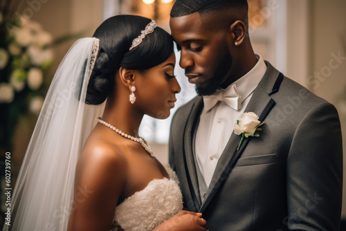 African american couple getting married in church at wedding day. Generative AI.