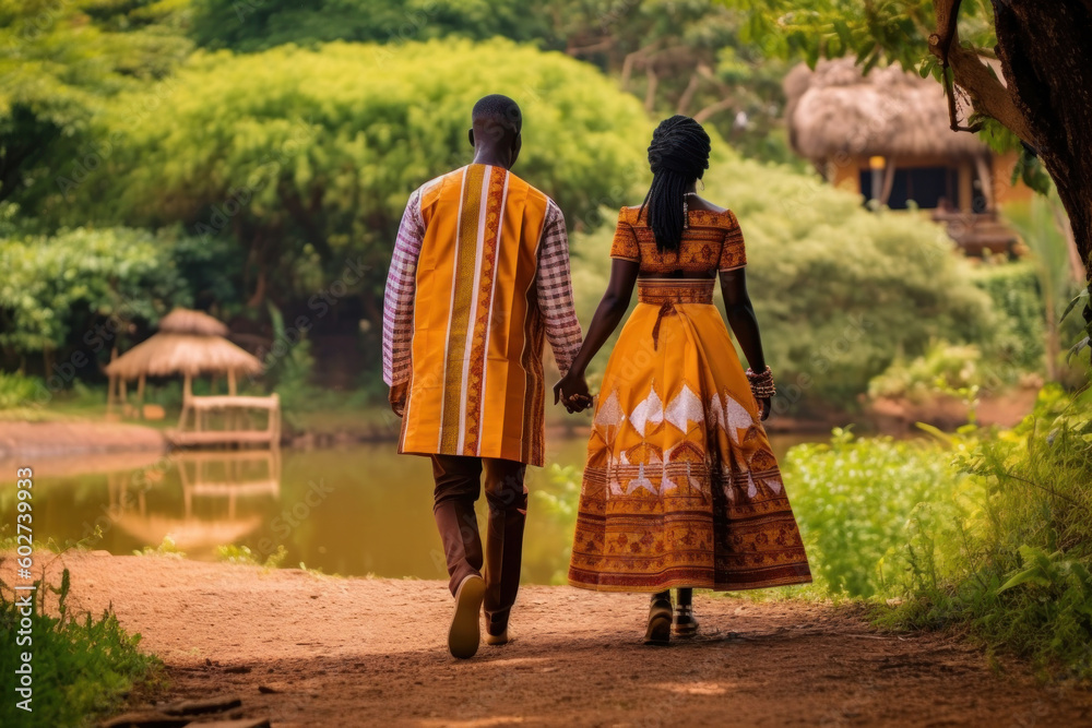 African couple in traditional wedding clothes walking at Africa town. Generative AI. African couple in traditional wedding clothes walking at Africa town. Generative AI.