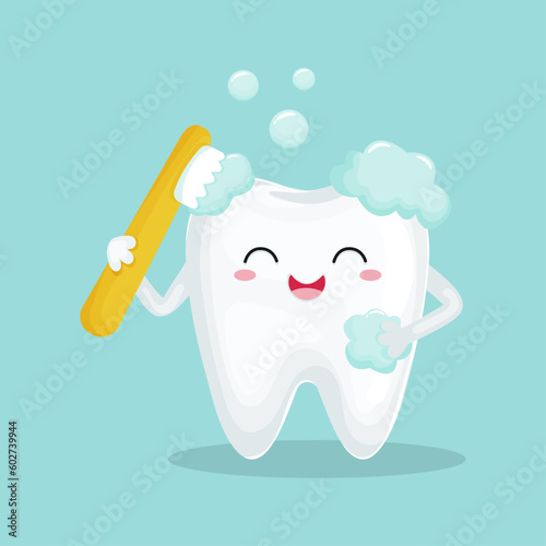 Cute cartoon tooth character with soft foam bubbles brushing himself with toothbrush. Stomatology, dental concept. Kawaii style cartoon character illustration. Dental care 