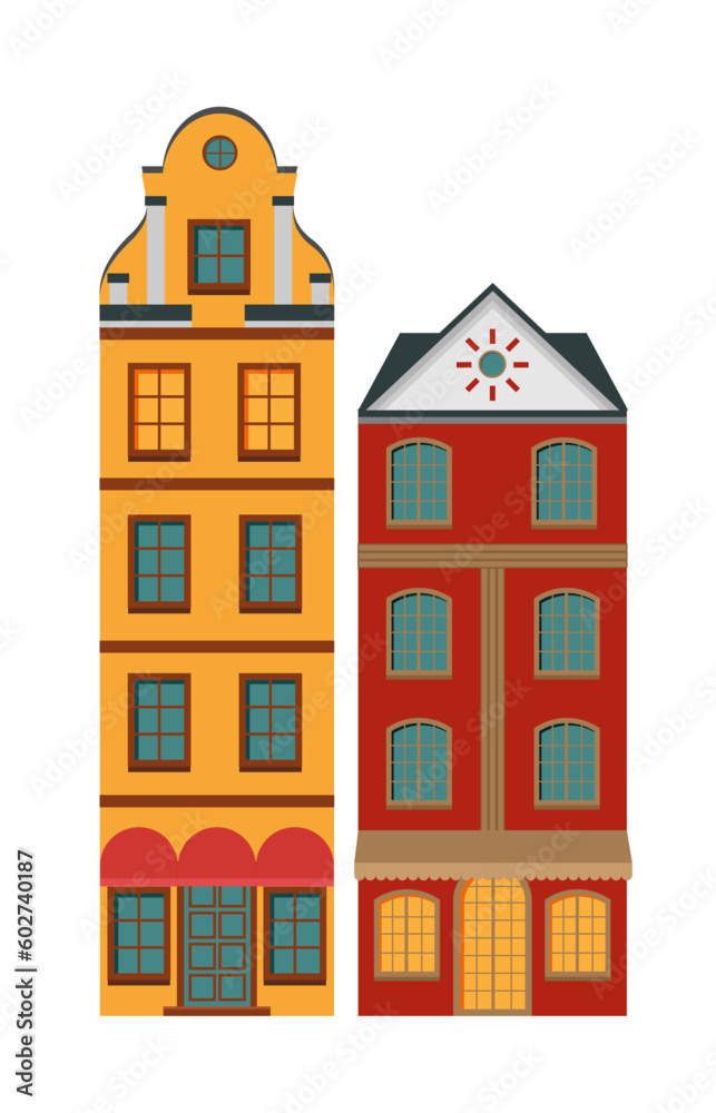 Scandinavian houses. Vector illustration of the old buildings of Stockholm. Isolated on a white background.	
